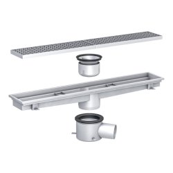 Rostfri golvränna ACO EC132 125x1400 mm med två galler, vattenlås och brunnsunderdel med sidoutlopp