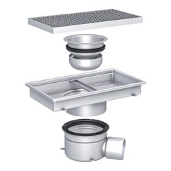 Rektangulär rostfri golvbrunn ACO EG218 270x500 mm med galler, vattenlås och brunnsunderdel med sidoutlopp