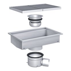 Rektangulär rostfri golvbrunn ACO EG218 370x600 mm med galler, vattenlås och brunnsunderdel med sidoutlopp
