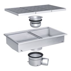 Rektangulär rostfri golvbrunn ACO EG218 470x800 mm med galler, vattenlås och brunnsunderdel med sidoutlopp