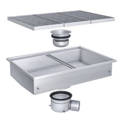 Rektangulär rostfri golvbrunn ACO EG218 570x900 mm med galler, vattenlås och brunnsunderdel med sidoutlopp