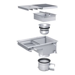 Rostfri städbrunn ACO SB218 370x800 mm med galler, sandfång, vattenlås och brunnsunderdel med sidoutlopp