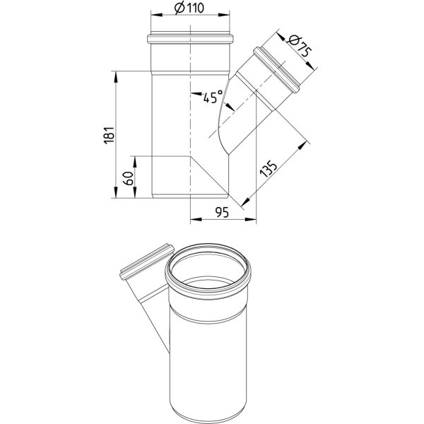 Måttskiss GRENRÖR 45° - (838.075.110)