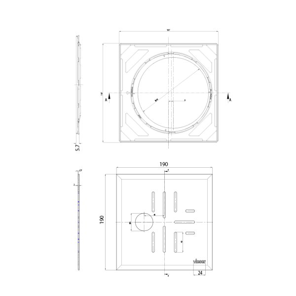Ritning Klinkerram Vieser Classic med justerbar stålram 197×197 och hål Ø40