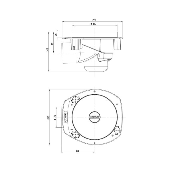 Ritning Vieser One horisontell golvbrunn DN75