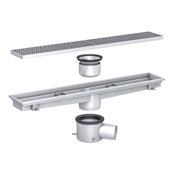 Rostfri golvränna ACO EC132 125x800 mm med två galler, vattenlås och brunnsunderdel med sidoutlopp