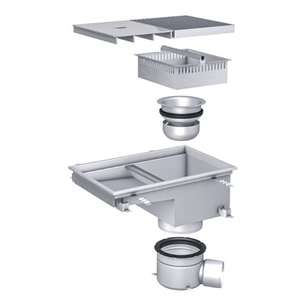 Rostfri städbrunn ACO SB218 370x600 mm med galler, sandfång, vattenlås och brunnsunderdel med sidoutlopp