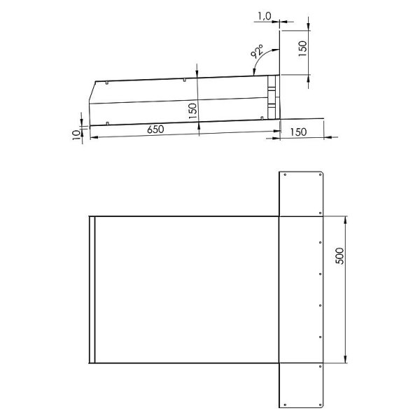 Måttskiss rak utkastare 500 × 150 mm