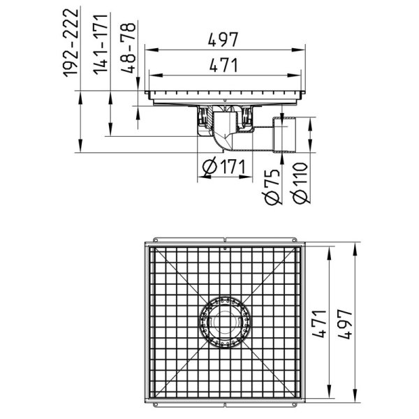 Måttskiss Compact golvbrunnar 500x500 BLÜCHER