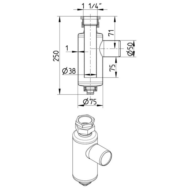 Måttskiss Flaskvattenlås, Ø1¼"/50 mm BLÜCHER