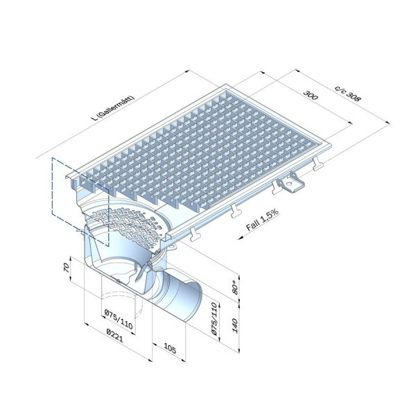 Måttritning Hygienisk golvränna FURO176, bredd 300 mm