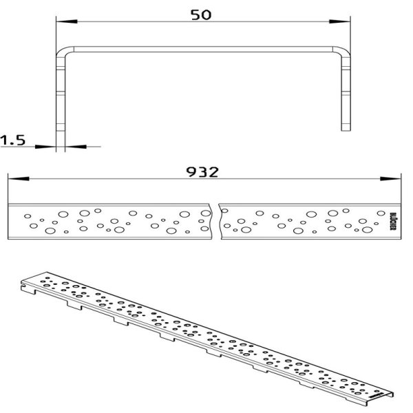 Måttskiss Galler Line Oslo 1000 50x1000mm BLÜCHER