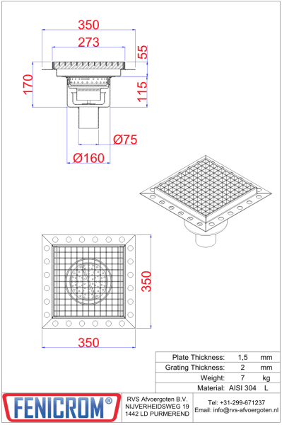 Rostfri golvbrunn 273x273 utlopp 75mm R50 5000kg