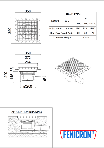 Rostfri golvbrunn 273x273 utlopp 110 mm R50 5000kg