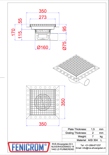 Rostfri golvbrunn 273x273 utlopp 75mm R50 5000kg