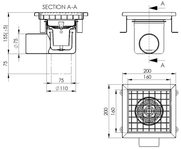 Golvbrunn MR 820 160x160 mm för betonggolv – måttskiss