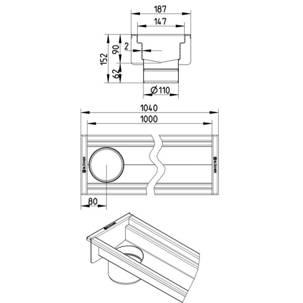 Måttskiss Golvränna 150mm gavelutlopp BLÜCHER