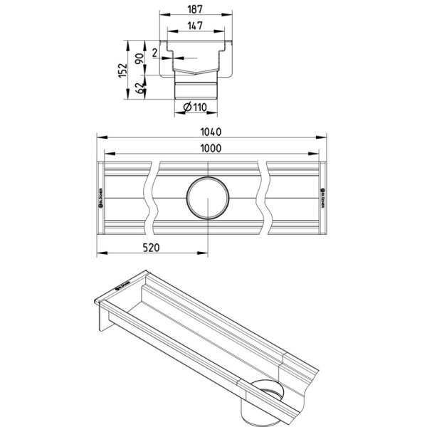 Måttskiss Golvränna 150mm mittutlopp BLÜCHER