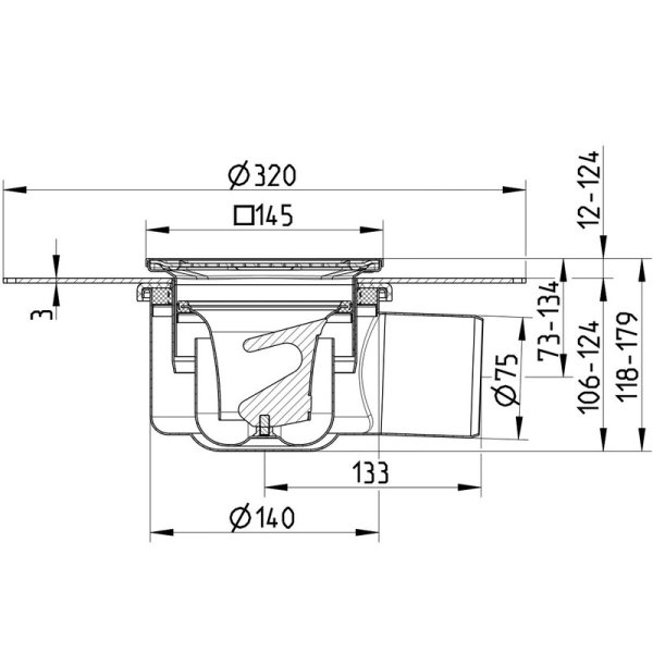 Måttskiss Höjdjusterbar kvadratisk bostadsgolvbrunn 145x145mm BLÜCHER