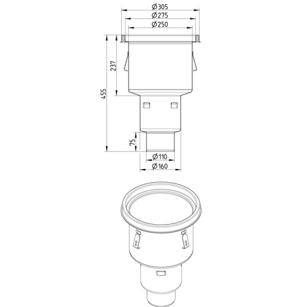 Måttskiss HygienicPro industribrunn, hög Ø305mm BLÜCHER