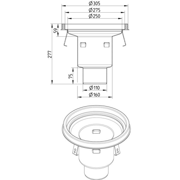 Måttskiss HygienicPro industribrunn, låg Ø305mm BLÜCHER