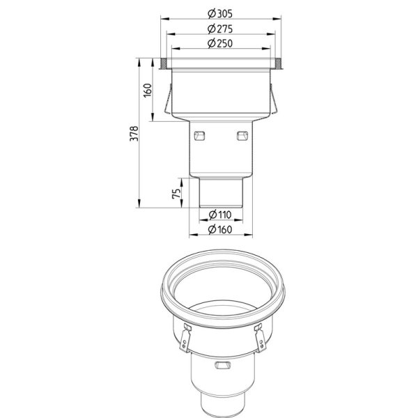 Måttskiss HygienicPro industribrunn, medium Ø305mm BLÜCHER