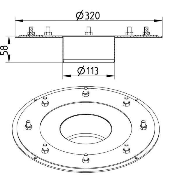 Måttskiss Klämring till tätskiktsfläns BLÜCHER