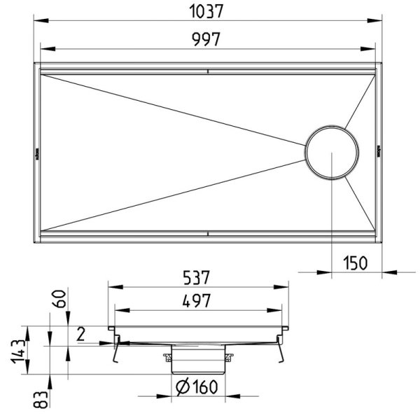 Måttskiss Köksränna 500x1000 BLÜCHER