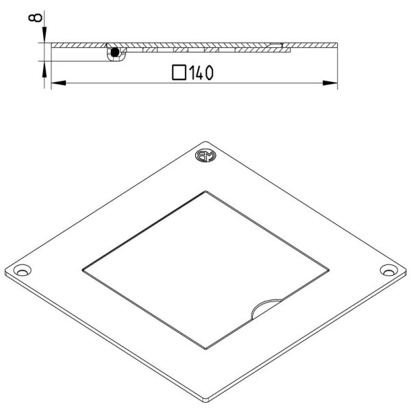 Måttskiss Kvadratiskt galler med gångjärn 140x140mm BLÜCHER