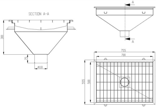 Latrinbrunn MR 833-0-07 700x500 mm för betongplatta – måttskiss