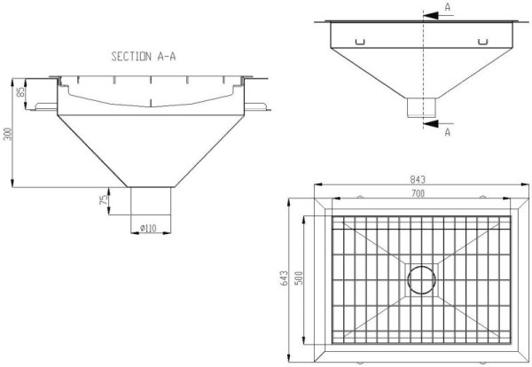 Latrinbrunn MR 833-4-07 700x500 mm för klinkergolv med tätskikt – måttskiss