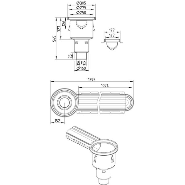 Måttskiss BLÜCHER HygienicPro 150 mm gavelutlopp, hög modell