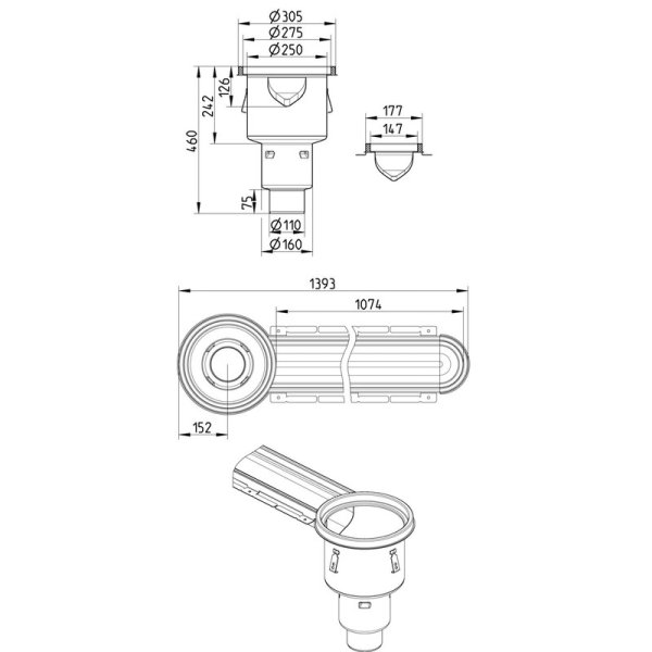 Måttskiss BLÜCHER HygienicPro 150 mm gavelutlopp, medium modell