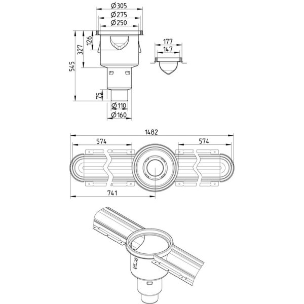 Måttskiss BLÜCHER HygienicPro 150 mm mittutlopp, hög modell med bottenutlopp