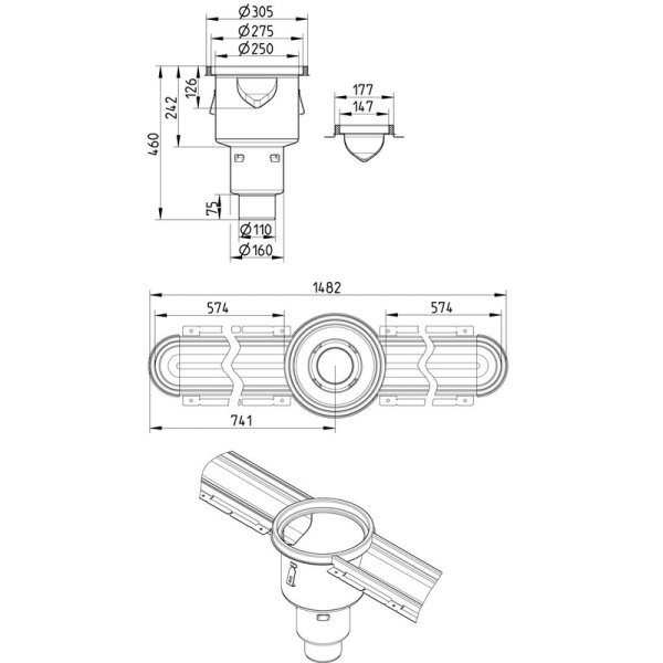 Måttskiss BLÜCHER HygienicPro 150 mm mittutlopp, medium modell med bottenutlopp