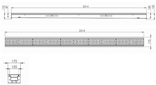 Måttskiss DryLine Modul2500 med inbyggt fall 87-100mm