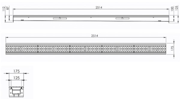 Måttskiss DryLine Modul2500 med inbyggt fall 87-100mm