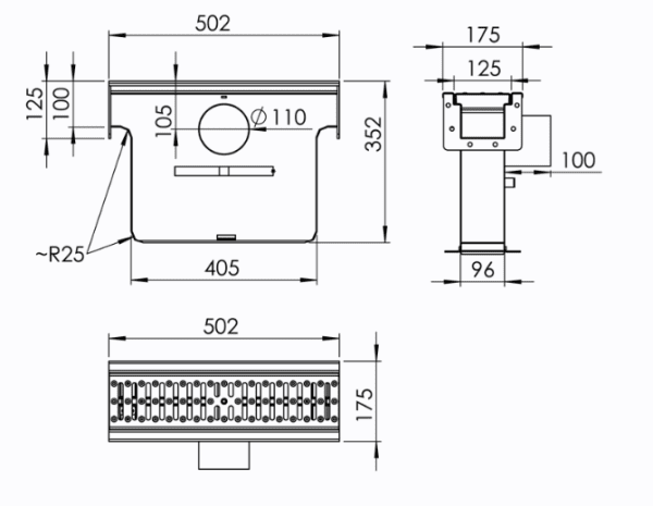 Måttskiss Dryline Modul500 med Sandfång och sidoutlopp 110mm