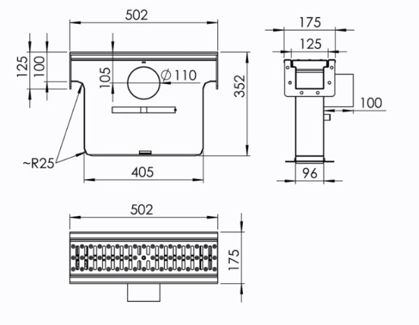 Måttskiss Dryline Modul500 med Sandfång och sidoutlopp 110mm
