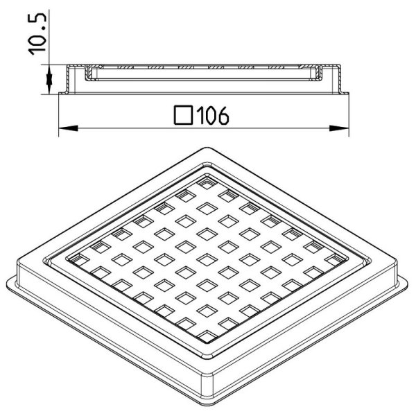 Måttskiss Ram och galler till miniavlopp 100x100mm BLÜCHER