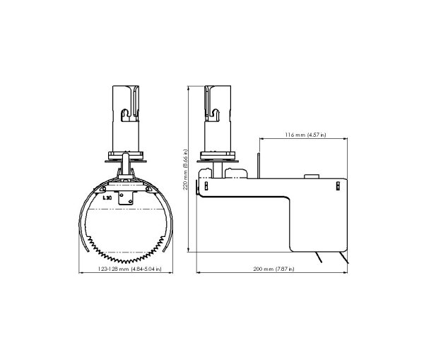 Måttskiss – Råttstopp TX11 LOCK 125 för invändig rördiameter 123–128 mm