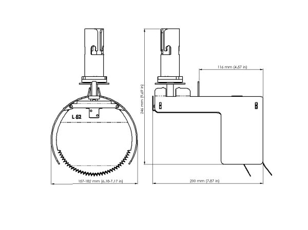 Måttskiss – Råttstopp TX11 LOCK 160 för invändig rördiameter 157–182 mm