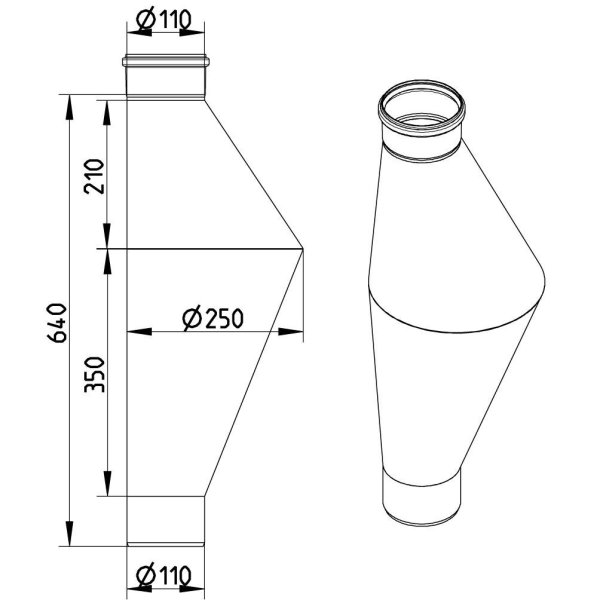 Måttskiss – Råttstopp utan renslucka Ø110/110 mm, syrafast AISI 316L – BLÜCHER 892.110.110 S