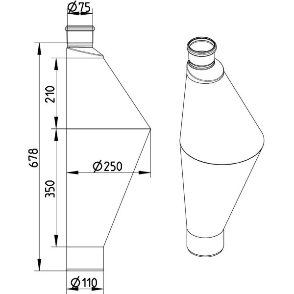 Måttskiss – Råttstopp utan renslucka Ø75/110 mm, syrafast AISI 316L – BLÜCHER 892.075.110 S