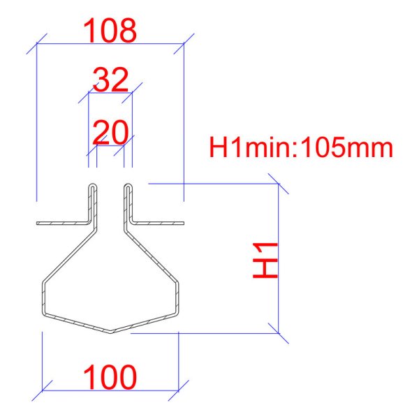 Måttskiss ITMP – spalt 20 mm, rännbredd 100 mm, djup från 105 mm