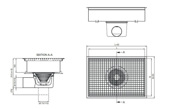 Stor golvbrunn MR 800 för betonggolv – måttskiss